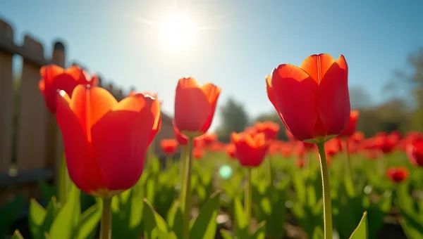 Red Tulips Blooming In Sunny Garden