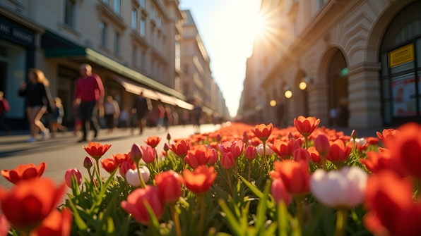 Red and white flowers blooming on a sunny urban street with pedestrians and buildings