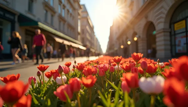 Red And White Flowers Blooming On Urban Street