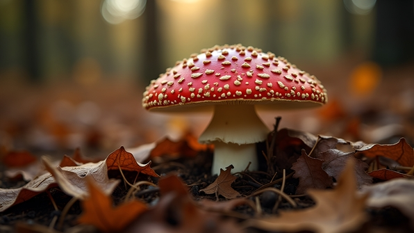 Close-up of a red and white spotted mushroom nestled among dried autumn leaves on a forest floor