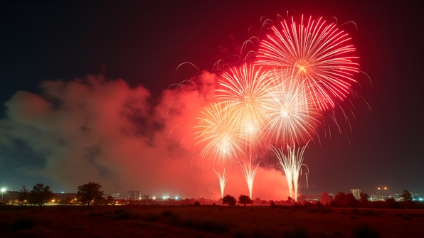Red and yellow fireworks bursting brilliantly in a dark night sky with sparkling trails and glowing smoke clouds