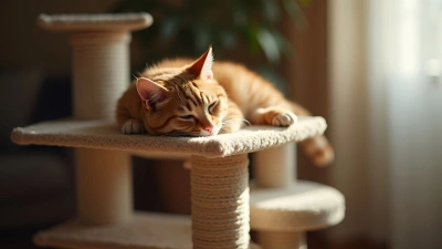 Relaxed Cat on Beige Cat Tree Indoors
