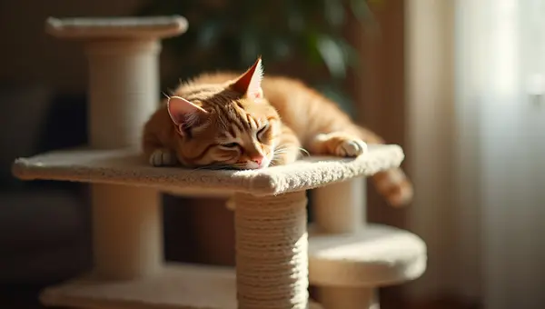 Relaxed Cat on Beige Cat Tree Indoors