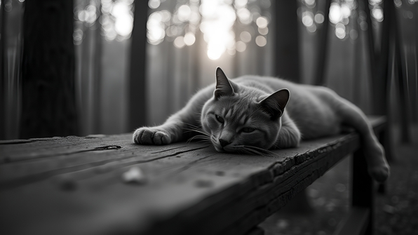 Relaxed cat resting on a rustic wooden railing surrounded by tall trees in a natural forest setting