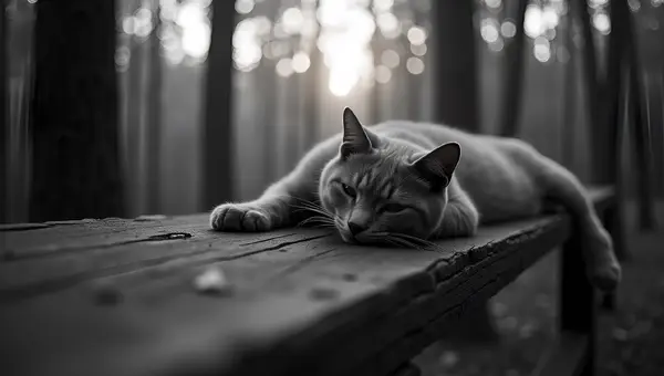 Relaxed Cat Resting on Rustic Wooden Railing in Forest