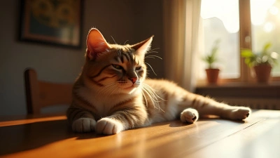 Relaxed Cat Resting On Wooden Table
