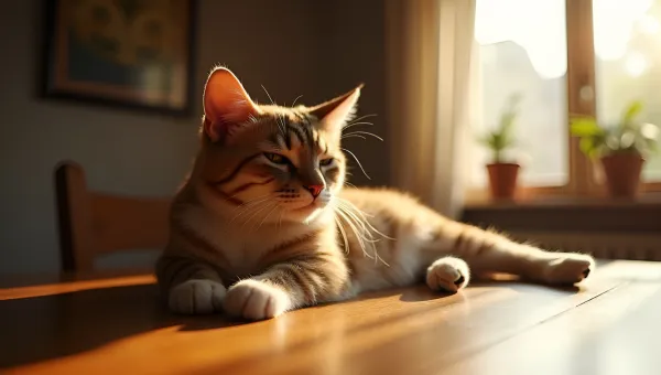Relaxed Cat Resting On Wooden Table