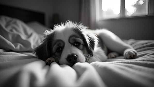 Relaxed dog resting comfortably on a cozy bed with soft blankets in natural lighting