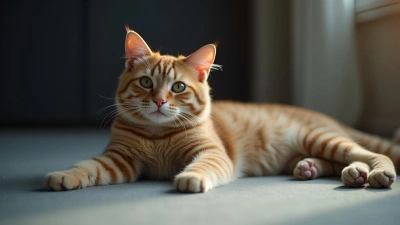 Relaxed Domestic Cat Resting On Gray Surface