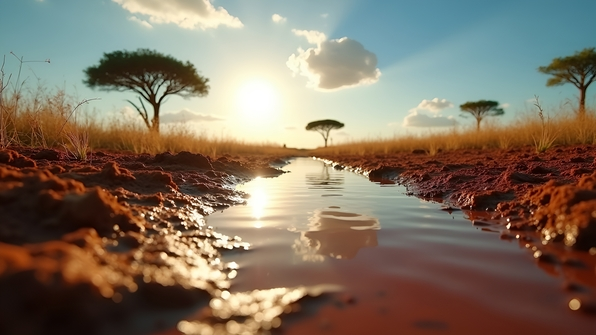 Close-up of rich brown soil saturated with water near a sunlit African savannah landscape under a clear blue sky