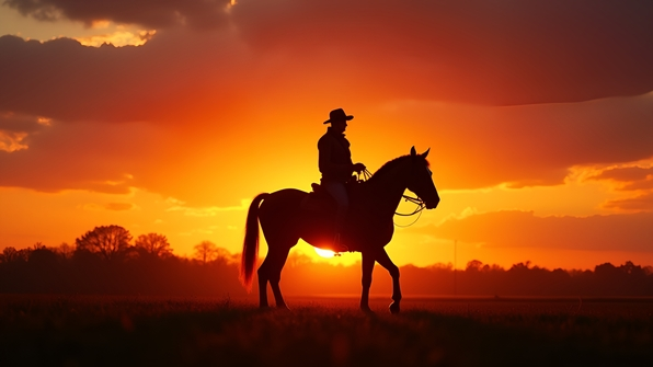 Silhouette of a rider on horseback against a vibrant sunset sky with strong outlines and dramatic contrast