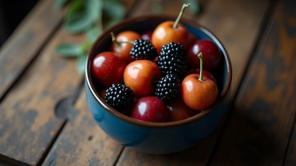 Close-up of ripe brown and black round fruits arranged in a glossy blue ceramic bowl on a rustic wooden table with soft natural lighting