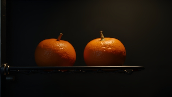 A ripe orange fruit resting on a sleek black metal rack with minimalist industrial design