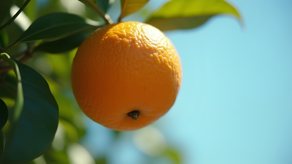 A ripe orange hanging on a leafy green tree branch under bright daylight with a clear blue sky