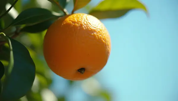 Ripe Orange Hanging on Tree Branch