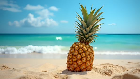 A ripe pineapple resting on sandy beach with gentle ocean waves and bright blue sky