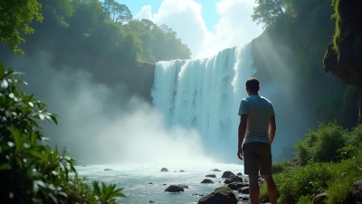 Roaring Waterfall With Man Beside Lush Greenery
