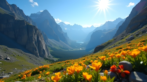 Breathtaking Rocky Mountain landscape featuring rugged peaks and vibrant wildflowers under a clear blue sky