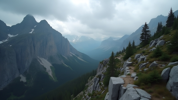 Rocky Mountain landscape under overcast gray sky with detailed rocky textures and muted natural colors