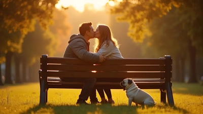 Romantic Couple Kissing Near Small Pug On Sunny Bench