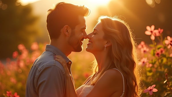 Romantic couple sharing tender kiss outdoors in warm sunlight