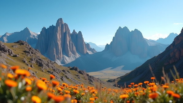 Scenic view of rugged brown alpine mountains under a clear blue sky with rocky peaks and sparse vegetation