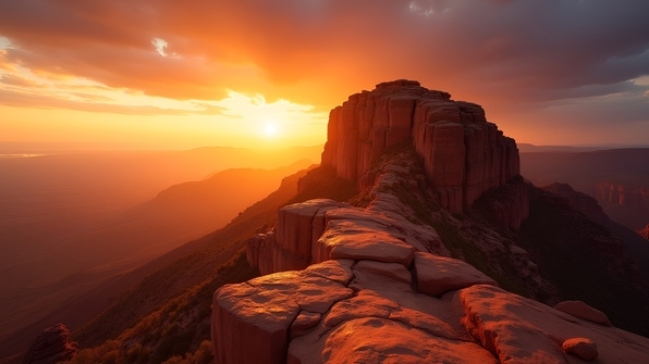 Rugged brown rock formation bathed in warm golden light under a vibrant sunset sky with soft clouds and deep orange hues