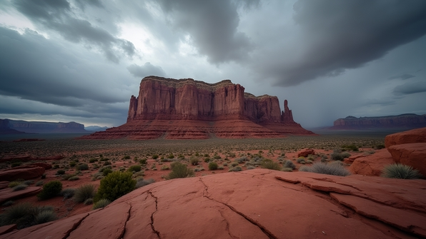 A rugged brown rock formation stands near a towering mountain under an overcast sky with thick gray clouds