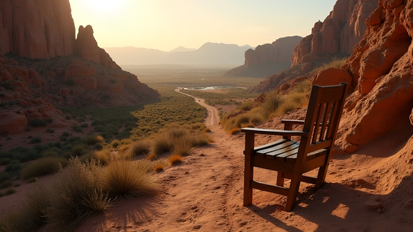 Aerial view of rugged brown rock formations next to an open empty wooden chair in a natural outdoor setting under clear skies