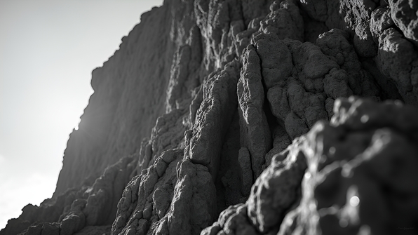 High-contrast grayscale image of a rugged cliff with detailed textures and dramatic shadows under bright daylight