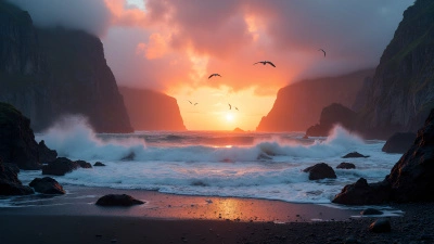 Rugged Coastline with Towering Misty Mountains
