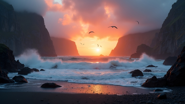 A rugged coastline with crashing waves at the base of towering mist-covered mountains under a vibrant sunset sky