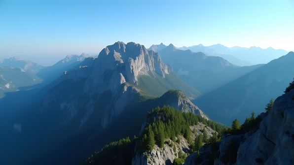 Aerial view of rugged forested mountain peaks under clear blue sky
