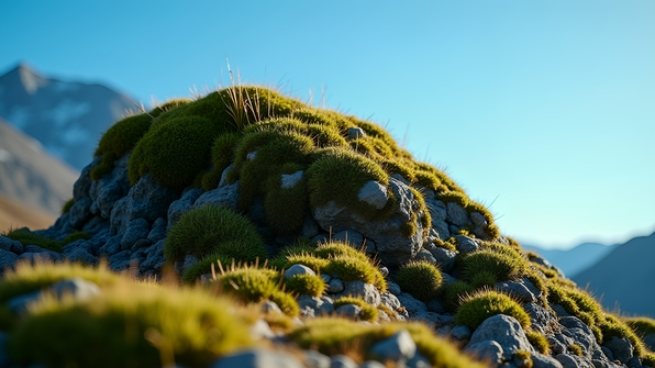 Rugged green and brown rock formation with moss-covered surfaces under a clear blue sky in a natural outdoor setting