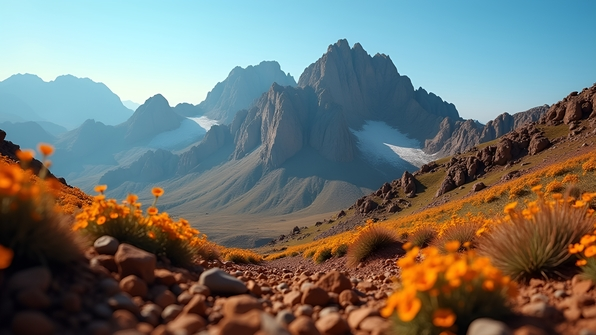 Rugged mountain landscape with brown soil in the foreground under a clear blue sky