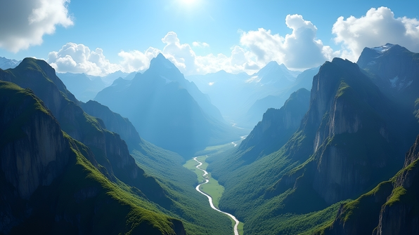 Aerial view of rugged mountain peaks bathed in bright daylight with clear blue skies and scattered clouds