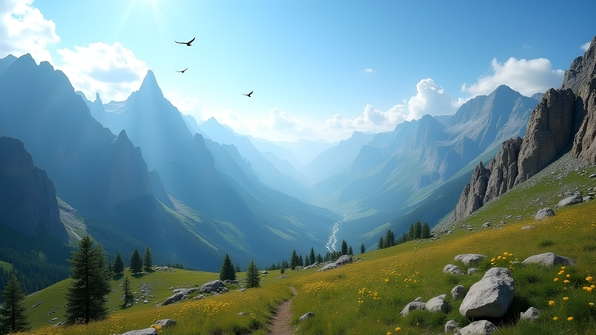 Panoramic high-angle view of a rugged mountain range with sharp peaks and lush valleys under a clear blue sky