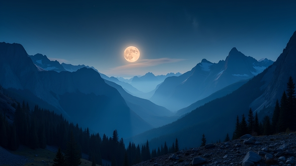 A panoramic view of rugged mountain ranges under a starry night sky with a glowing moon illuminating the peaks and valleys