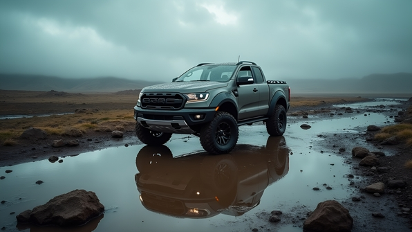 Rugged Pickup Truck On Muddy Terrain Aerial View