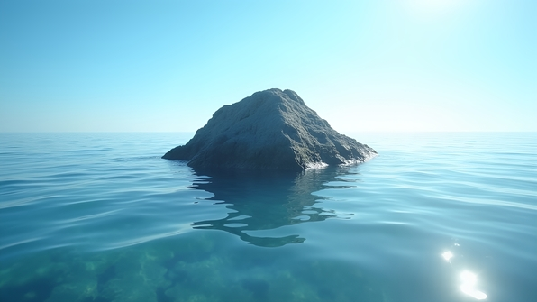 A solitary rugged rock emerging from calm clear water under a bright blue sky with gentle sunlight ripples