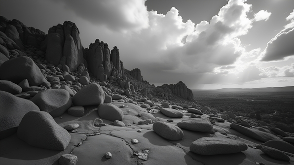 High-contrast grayscale photo of rugged rock formations with intricate textures and deep shadows against a cloudy sky