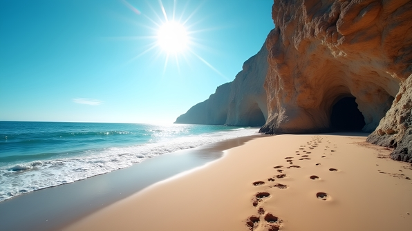 Rugged rocky cliff next to a sandy beach with footprints leading toward the ocean under a clear blue sky