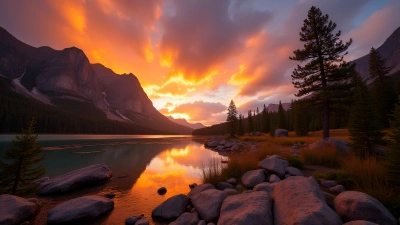 Rugged Rocky Mountain Beside Calm Lake at Sunset