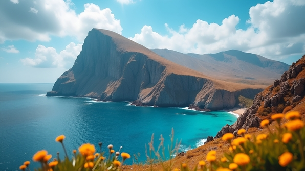 A rugged rocky mountain towering beside clear blue sea water under a bright daytime sky with scattered clouds