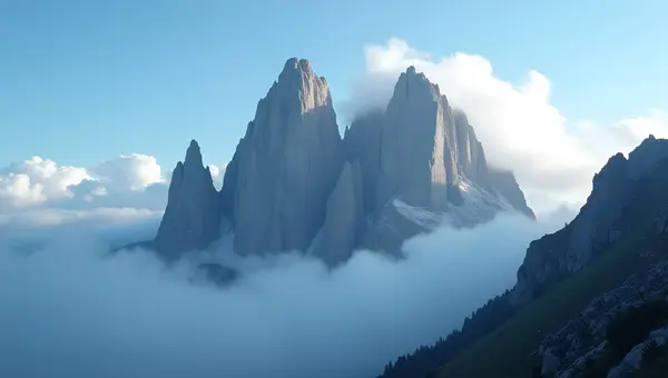 Rugged Stone Mountains Beneath Misty Clouds