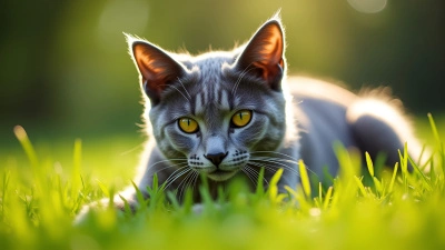 Russian Blue Cat Lounging on Green Grass