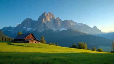 Rustic Barn at Mountain Foothills with Green Fields