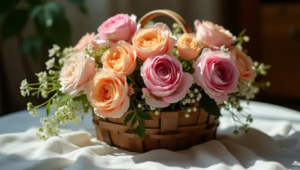 Rustic Basket With Vibrant Roses And Peonies
