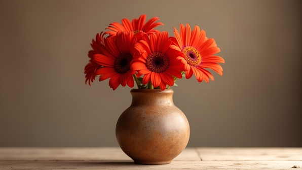 Rustic brown ceramic vase filled with vibrant red flowers against a soft neutral background
