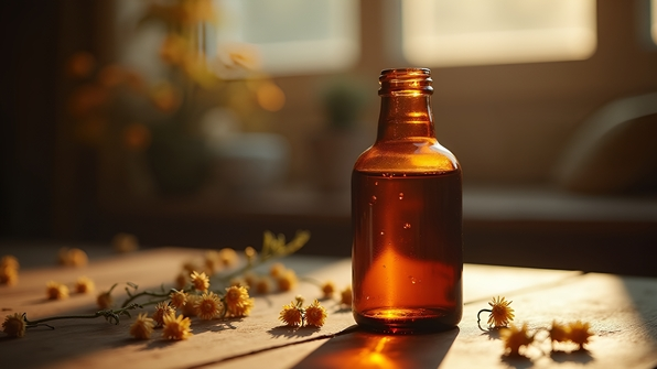 A rustic brown glass bottle sitting upright on a wooden table with soft natural light and a blurred cozy background
